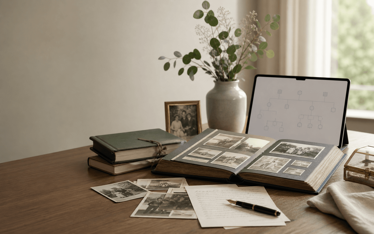 Family album, old photos, handwritten notes, and a tablet showing a family tree